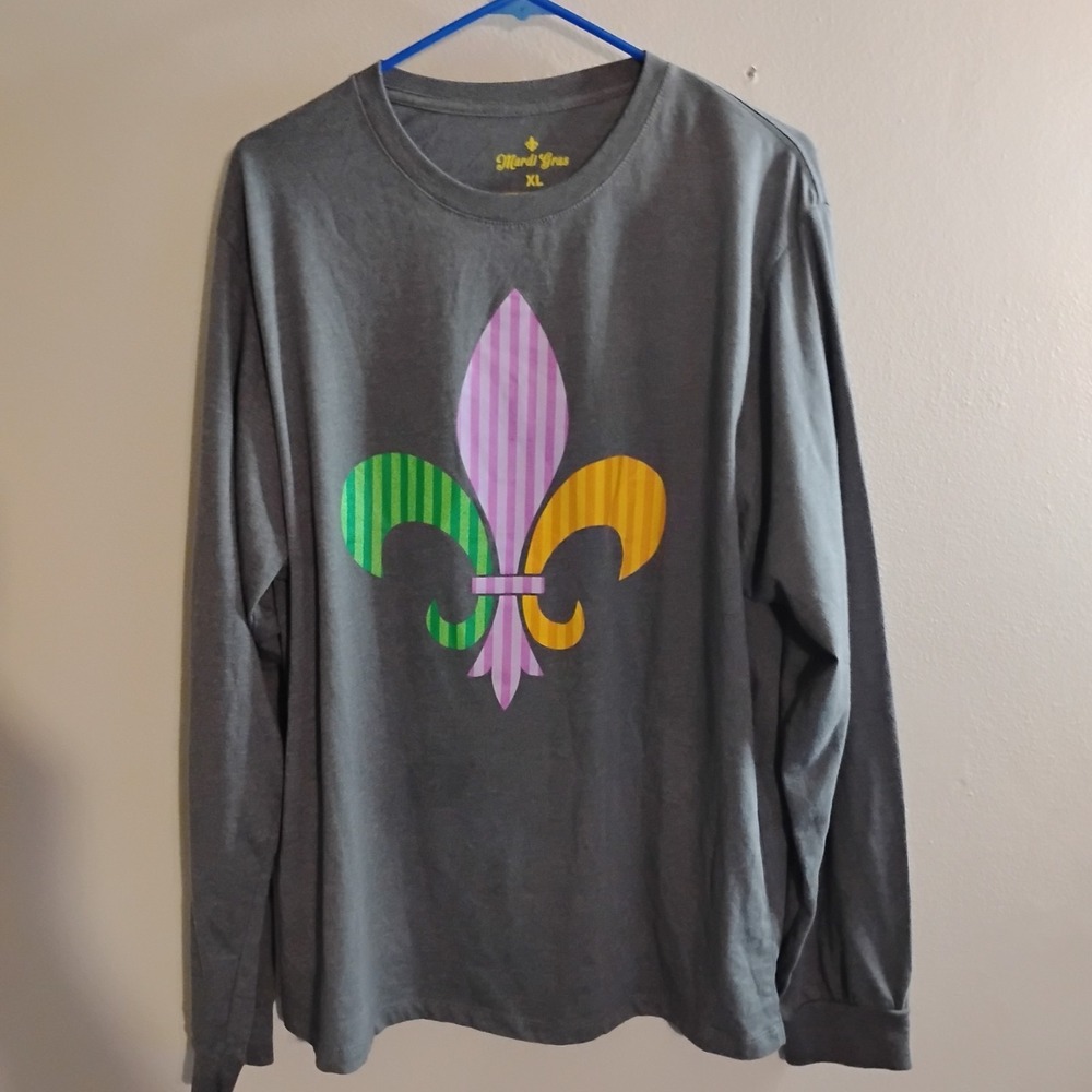 Mardi Gras Men's Gray XL Graphic Print Fleur-de-lis Long Sleeve T-Shirt soft cot